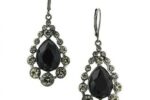 Black Tear Drop & Black Diamond Jet Tone Dangle Drop Earrings