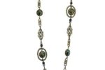 Ornate Brass Toned Long Necklace with Dark Blue Green Faceted Beads
