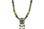 Ornate Brass Toned Necklace with Dark Blue Green Faceted Beads