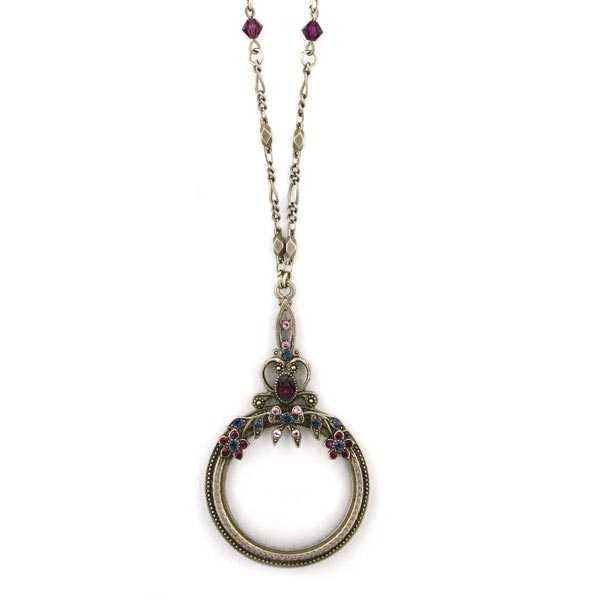 Ornate Magnifying Glass Necklace Silver Tone