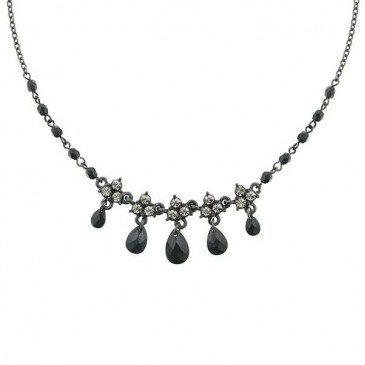Black Stone & Rhinestone Dangle Necklace