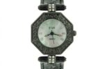 1928 Jewelry Jet Black Leather Band with Crystals and Genuine Mother of Pearl Face
