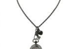 1928 Jewelry Black Chain Necklace Pendant Watch with Lock and Key Charms and Genuine Mother of Pearl Face