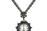 Double Chain Necklace Pendant Watch in Black with Black Diamond Colored Stones