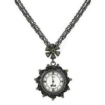 Double Chain Necklace Pendant Watch in Black with Black Diamond Colored Stones